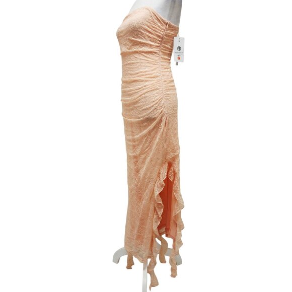 Strapless Peach Lace Midi Dress With Ruched Details & Ruffle Hem Size S - Picture 5 of 12